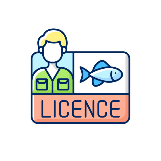 Fishing licence RGB color icon. Fishing licence RGB color icon. Permission to catch fish. Ecological legislation. Hobby and leisure activity. Fishing tools. Nature saving strategy. Fishing contest. Isolated vector illustration cartoon angler fish stock illustrations