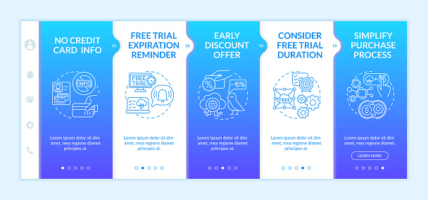 Free software as service trial marketing onboarding vector template. No credit card info. Discount offer. Responsive mobile website with icons. Webpage walkthrough step screens. RGB color concept