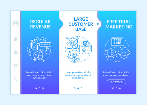 Software as service bonuses for developers onboarding vector template. Regular revenue. Free trial marketing. Responsive mobile website with icons. Webpage walkthrough step screens. RGB color concept