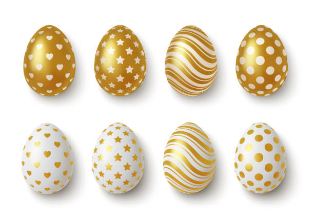 illustrations, cliparts, dessins animés et icônes de oeufs réalistes d’or et de pâques blancs avec des ornements géométriques. vecteur - easter egg easter isolated three dimensional shape