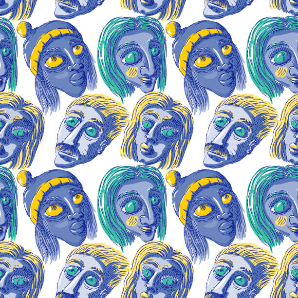 istock Hand-drawn vector seamless illustration of doodles - Human faces. 1300159875