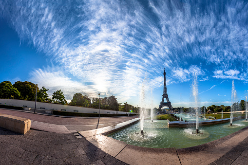 Scenic panorama of the Eiffel Tower in Paris, France. 360 degree panoramic view