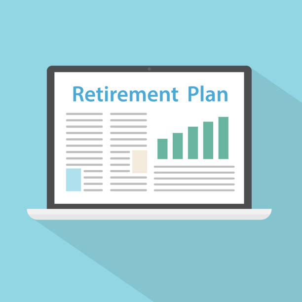 retirement plan on laptop screen retirement plan on laptop screen - vector illustration retirement plan document stock illustrations