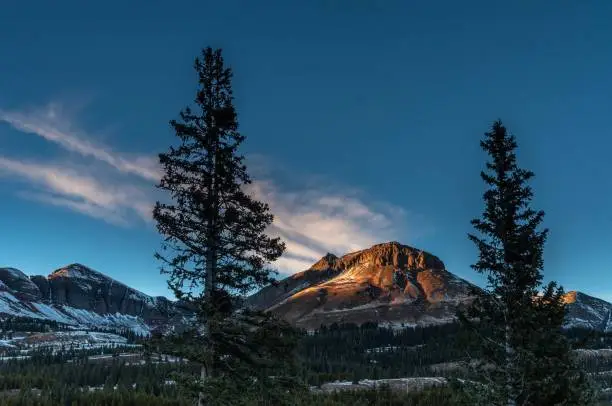 Photo of Beautiful mountain peak framed by two pine trees and cloud outside of Durango, Colorado.