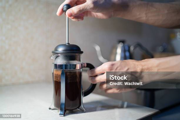 Making French Press Coffee In The Kitchen Stock Photo - Download Image Now - French Press, Coffee - Drink, Steeping