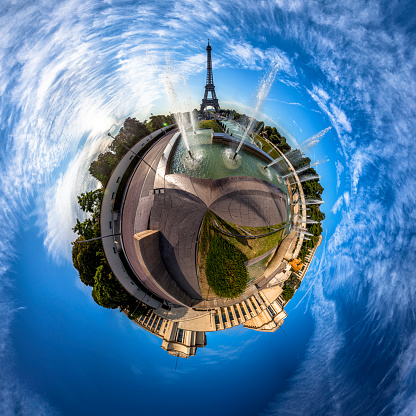 Scenic panorama of the Eiffel Tower in Paris, France. 360 degree panoramic view