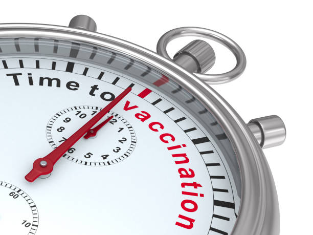 istock stopwatch with text time to vaccination on white background. Isolated 3D illustration 1300166242