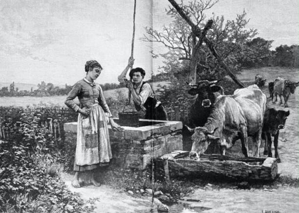 Young rural couple at the draw well and the cattle trough Illustration from 19th century. old water well drawing stock illustrations