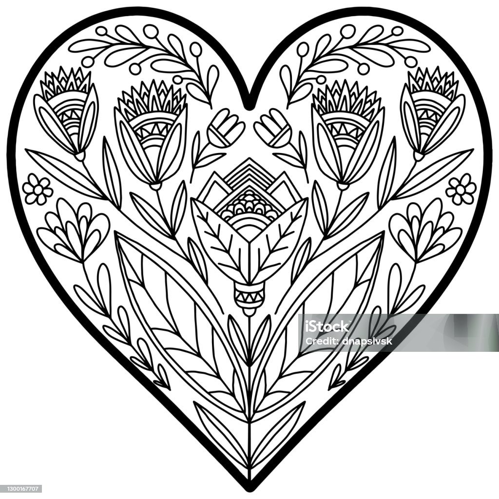 Herz Gezeichnet Mit Blumen Im Folkstil Auf Einem Weißen Hintergrund