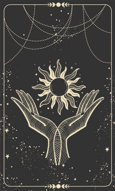 塔羅牌用兩個手掌拿著太陽。魔術博霍設計與星星，雕 刻風格化，封面為女巫。金色神秘的手畫在黑色背景與星星。 - 塔羅牌 插圖 幅插畫檔、美工圖案、卡通及圖標