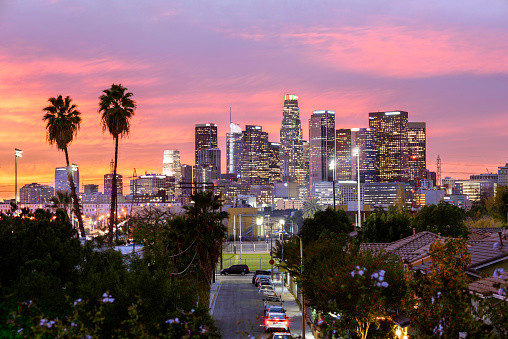 Los Angeles downtown skyline at sunset