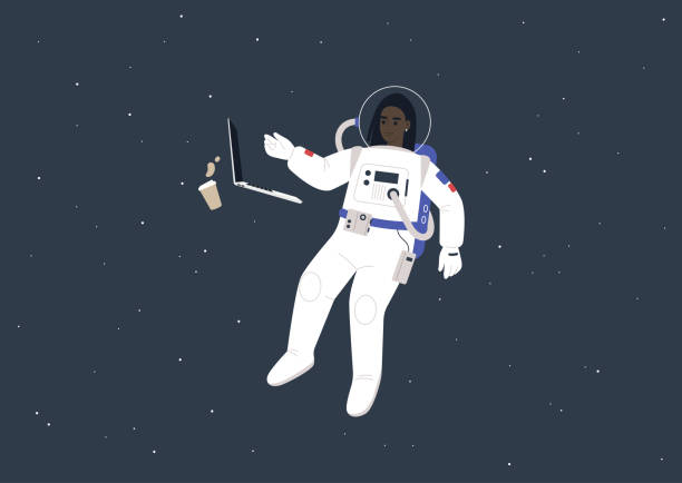 illustrazioni stock, clip art, cartoni animati e icone di tendenza di giovane astronauta nera in tuta spaziale che lavora sul loro laptop nello spazio, un concetto di vita futuristico - zero gravity illustrations