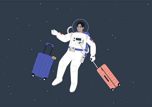 Space tourism concept, a young male Asian astronaut in a spacesuit traveling with luggage in outer space