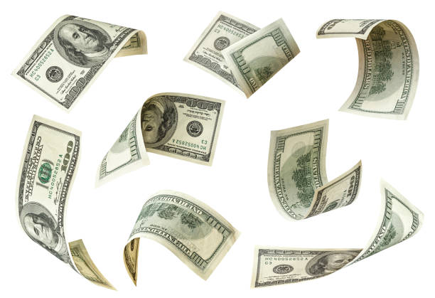 istock Set of flying one hundred dollars bills. Isolated on white 1300171618