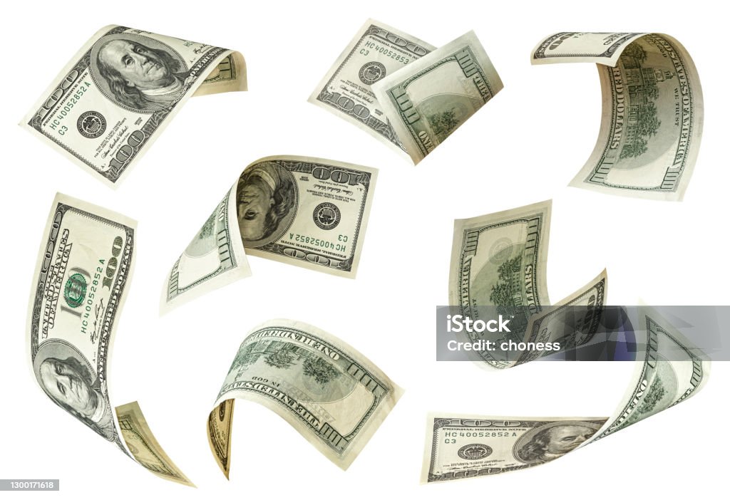 Set of flying one hundred dollars bills. Isolated on white Currency Stock Photo