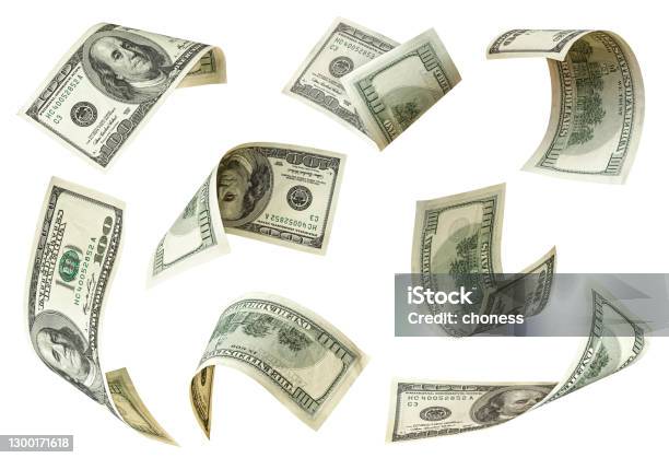 Set Of Flying One Hundred Dollars Bills Isolated On White Stock Photo - Download Image Now