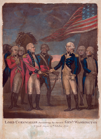 Vintage illustration features British General Charles Cornwallis surrendering his army to General George Washington at Yorktown on October 19, 1781, giving up any chance of winning the American Revolutionary War. Cornwallis couldn't bring himself to hand over his sword to Washington in person, so he sent one of his generals instead, General Charles O'Hara.