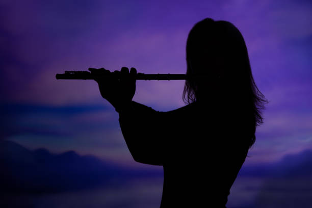 schwarze silhouette einer frau, die eine flöte am lila himmel spielt. - flute solo stock-fotos und bilder