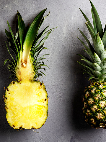 Tropical and Seasonal Summer Fruits. Pineapple Arranged with blank space in the middle of  backgrounds, Healthy Lifestyle. Flat Lay