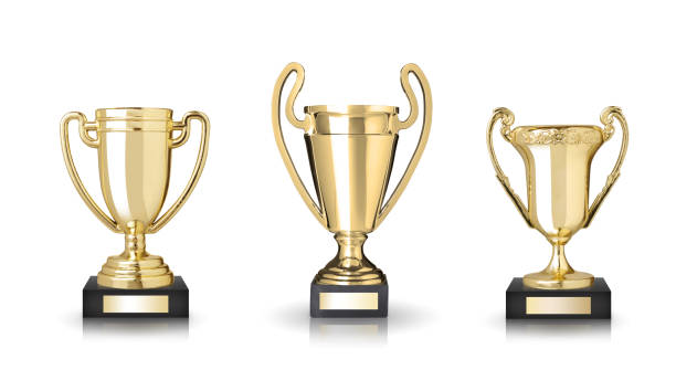 istock Golden trophies isolated on white background 1300174459