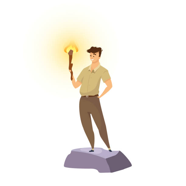 explorer flache farbe vektor-illustration. männlicher abenteurer mit fackel. mann steht mit flambeau. venturer lächelnd. trailblazer in khaki-uniform. tourist isoliert cartoon-figur auf weißem hintergrund - trailblazer stock-grafiken, -clipart, -cartoons und -symbole