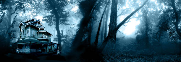 istock Haunted house. Old abandoned house in the night forest 1300175140