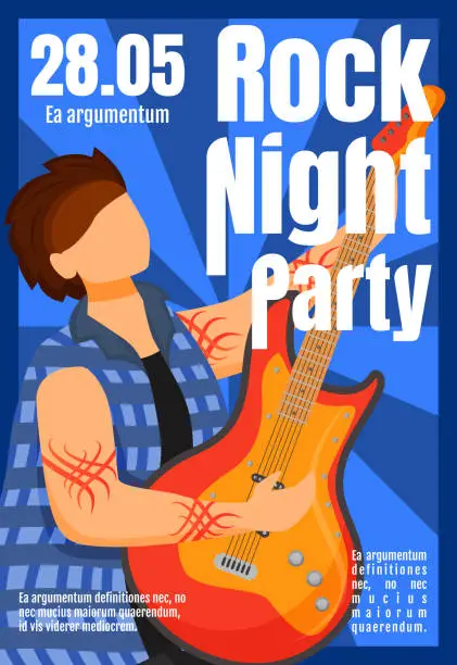 Vector illustration of Rock night party brochure template. Guitarist. Concert, gig. Flyer, booklet, leaflet concept with flat illustration. Vector page cartoon layout for magazine. Advertising invitation with text space