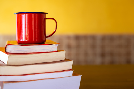 Several books stacked with red mug.