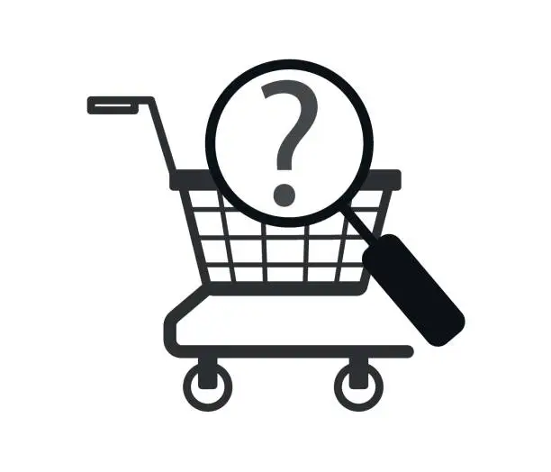 Vector illustration of question mark in shopping cart. Editable vector design related to product selection concept, online shopping and purchasing.