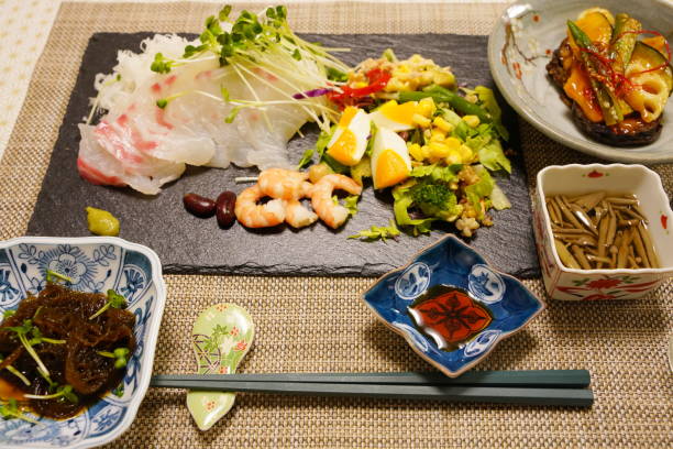 istock Japanese home cooked sashimi vegetables and miso soup 1300177693