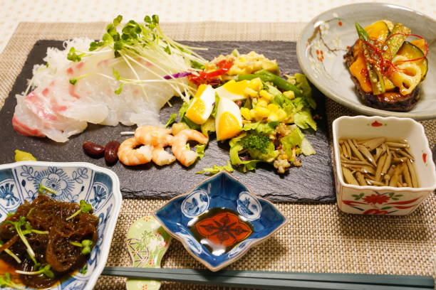 istock Japanese home cooked sashimi vegetables and miso soup 1300177776