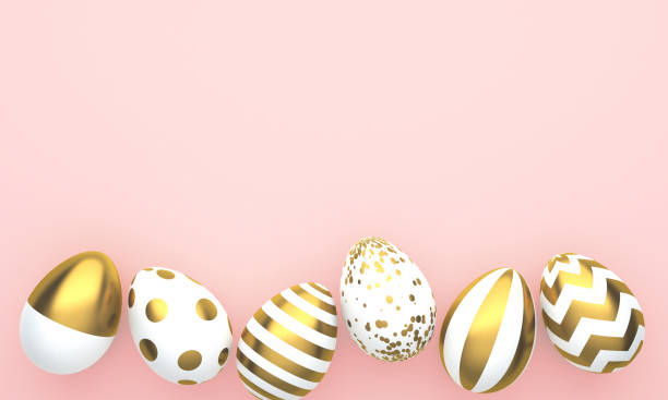 istock Flat Lay of Golden Easter Eggs in row placed on pink background. 3D Rendering 1300177959