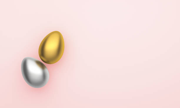 istock Easter eggs of gold and silver colors with on a pink background. 3D Rendering 1300178013