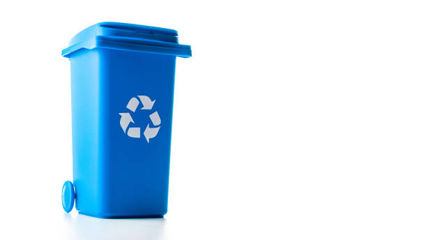 istock Trash bin. Blue dustbin for recycle paper trash isolated on white background. Container for disposal garbage waste and save environment. 1300178074