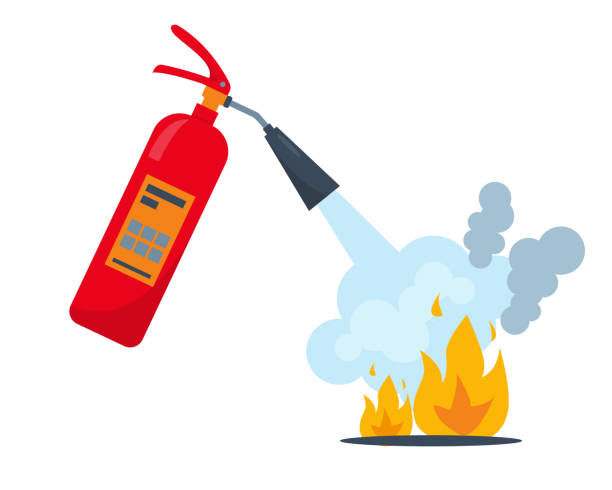 Red fire extinguisher and burning fire Red fire extinguisher and burning fire with smoke. Fire extinguishing equipment. Vector icon illustration. extinguishing stock illustrations