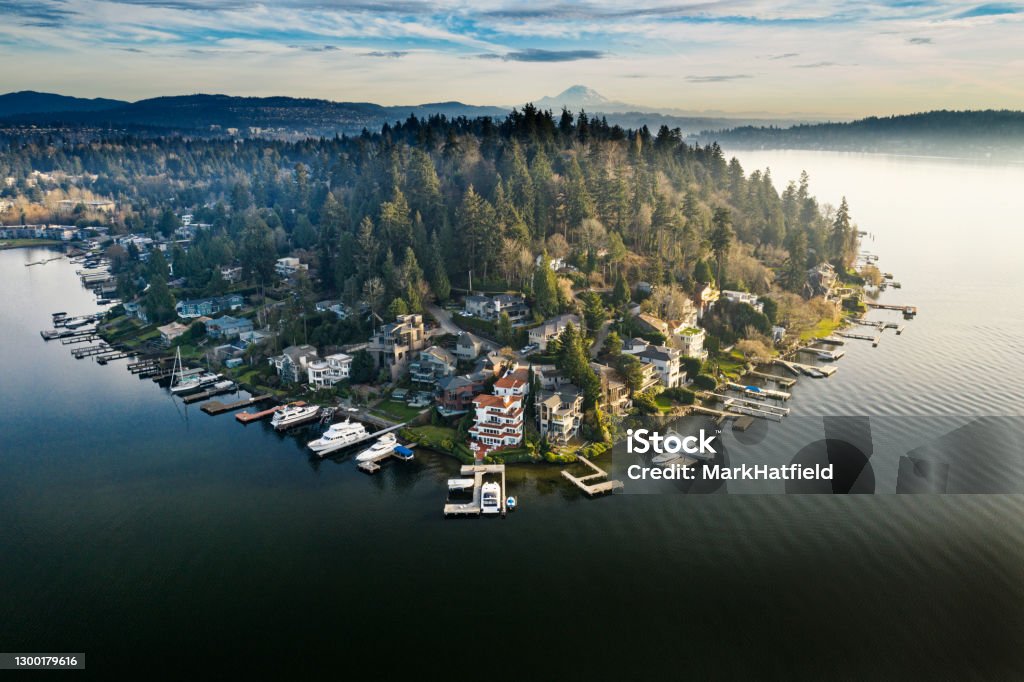 Luxury Houses Along Shoreline on Meydenbauer Bay Houses cluster along the shoreline in Bellevue on Meydenbauer Bay on this winter day.  Mount Rainer is visible in the background. Washington State Stock Photo