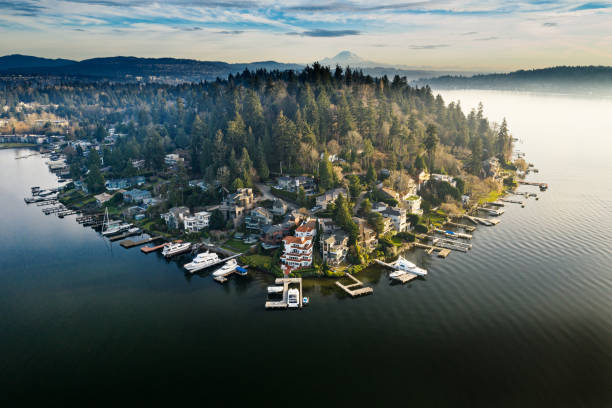 Luxury Houses Along Shoreline on Meydenbauer Bay stock photo