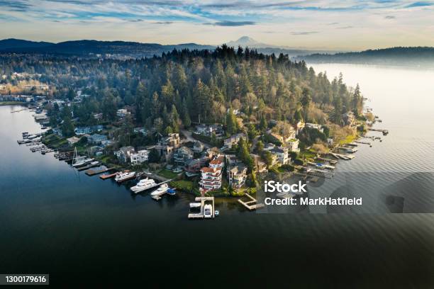 Luxury Houses Along Shoreline On Meydenbauer Bay Stock Photo - Download Image Now - Washington State, Bellevue - Washington State, Pacific Northwest