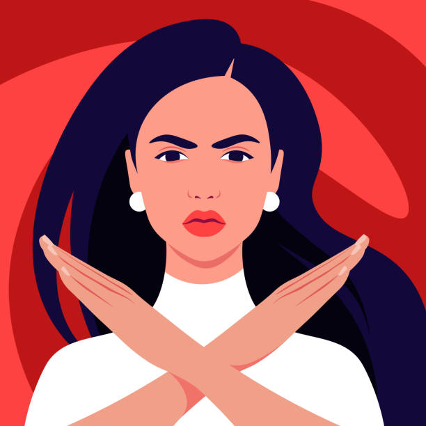 illustrazioni stock, clip art, cartoni animati e icone di tendenza di la donna ispanica prova rabbia. un gesto di rifiuto e proibizione. - violenza donne
