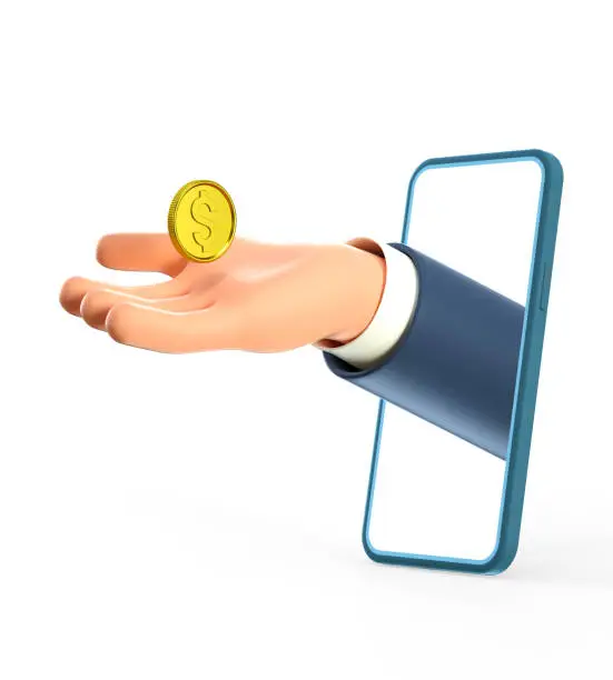 Photo of 3D illustration of cartoon businessman hand reaching out to gold dollar coin  through smartphone screen. Concept of online credit banking, mobile application, ecommerce.