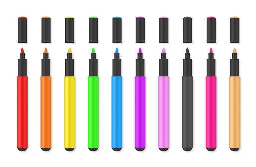 Colored markers with black body and lid realistic set. Open felt or fibre-tip, highlighter pens. Office stationery templates collection. Vector illustration isolated on white background.