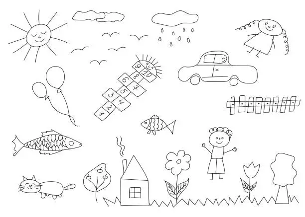 Vector illustration of Set of hand drawn cute doodles. Happy children doodle. Doodle children drawing. Collection of elements in childish doodle style. Hand drawn vector illustration