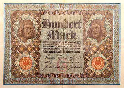 historical german banknote from 1920 with the value of one hundred marks