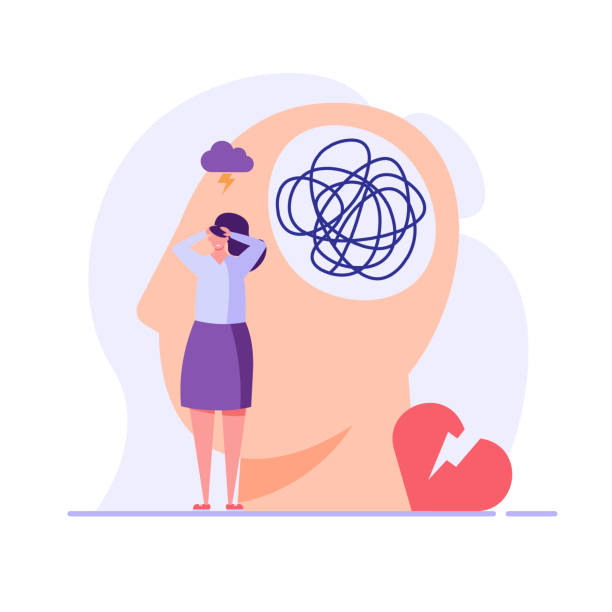 istock Sad woman in depression. Concept of Mental health problem and issues, psychology therapy, brain care. Vector illustration in flat cartoon design 1300188043