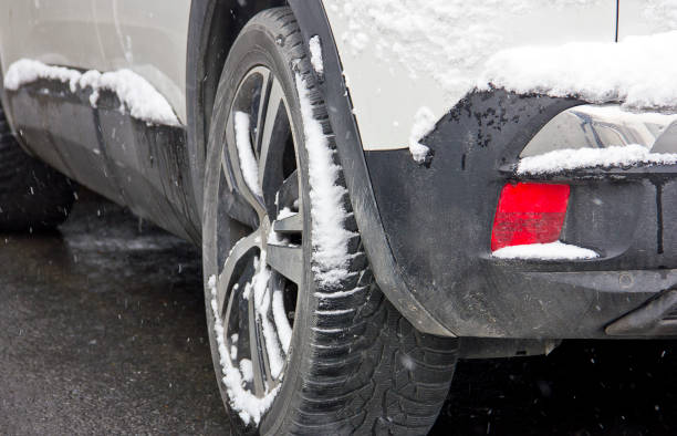 istock Car tires on winter road covered with snow 1300189426