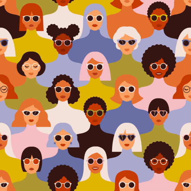 Female diverse faces of different ethnicity seamless pattern. Women empowerment movement pattern. International women s day graphic in vector. Female diverse faces of different ethnicity seamless pattern. Women empowerment movement pattern. International women s day graphic in vector women fashion icons stock illustrations