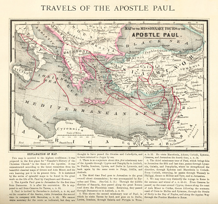 Engraved illustration of the Travels of The Apostle Paul Map Engraving from The Popular Pictorial Bible, Containing the Old and New Testaments, Published in 1862. Copyright has expired on this artwork. Digitally restored.