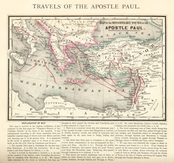 Antique Engraving: Travels of The Apostle Paul Map Engraving Engraved illustration of the Travels of The Apostle Paul Map Engraving from The Popular Pictorial Bible, Containing the Old and New Testaments, Published in 1862. Copyright has expired on this artwork. Digitally restored. new testament stock illustrations