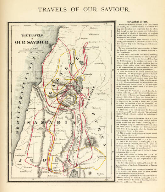 illustrazioni stock, clip art, cartoni animati e icone di tendenza di incisione antica: viaggi del nostro salvatore mappa incisione - canaan valley