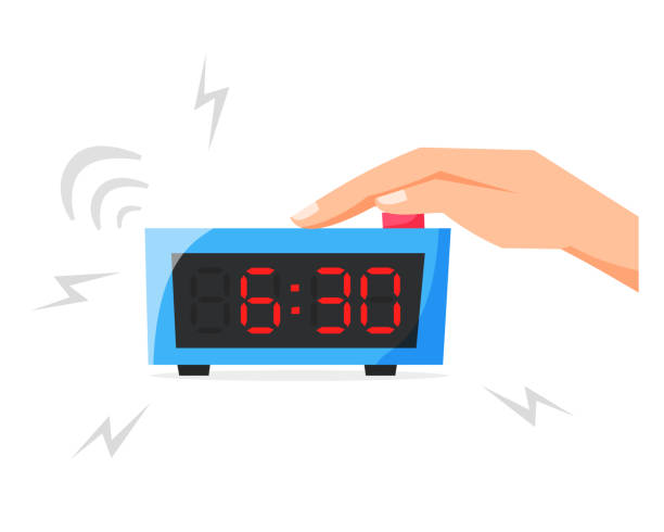 Turn of ringing alarm clock, pressing button on electronic clock, early morning concept, waking up early, flat style vector illustration Turn of ringing alarm clock, pressing button on electronic clock, early morning concept, waking up early, flat style vector illustration alarm clock snooze stock illustrations